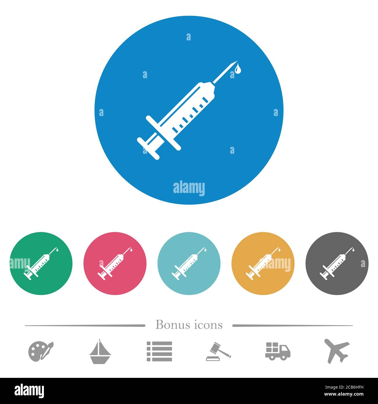 Seringue avec icônes blanches plates sur fond rond. 6 icônes bonus incluses. Illustration de Vecteur