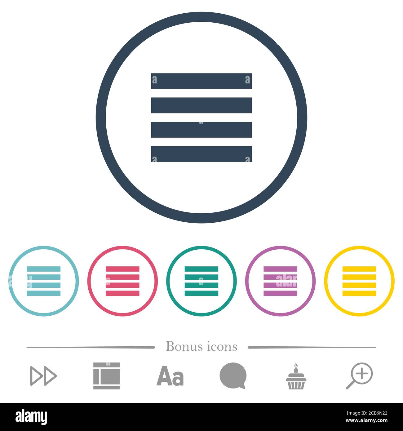 Aligner le texte justifié les icônes de couleur plate dans les contours ronds. 6 icônes bonus incluses. Illustration de Vecteur