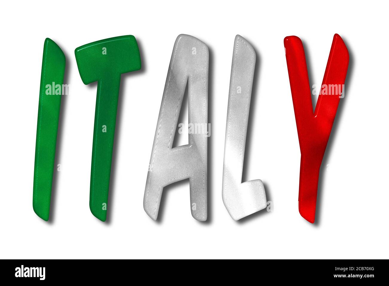 Mot d'Italie avec une texture de drapeau sur un blanc isolé arrière-plan avec un masque pour avec et sans l'ombre Banque D'Images