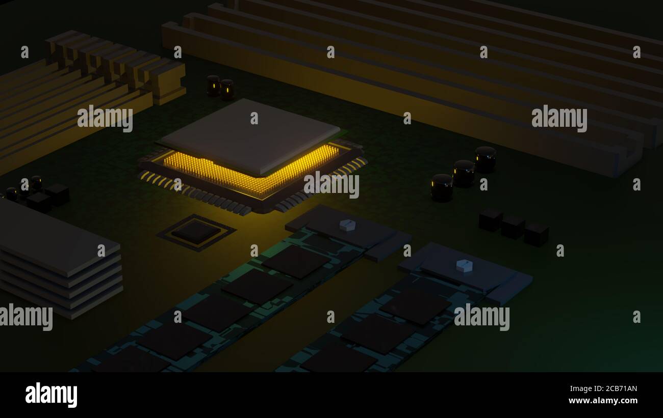 rendu 3d d'un processeur informatique typique intégré à une carte mère. L'image comporte un support de processeur, des emplacements PCIE, des emplacements RAM, des emplacements Nvme et d'autres composants. Banque D'Images