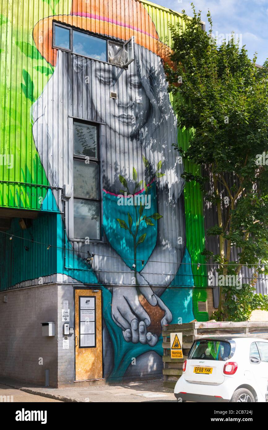 Angleterre London Stratford Park Hackney Wick Graffiti warehouse géant grand figure jolie fille turquoise robe orange chapeau arbre signes de voiture panneau de sécurité Banque D'Images