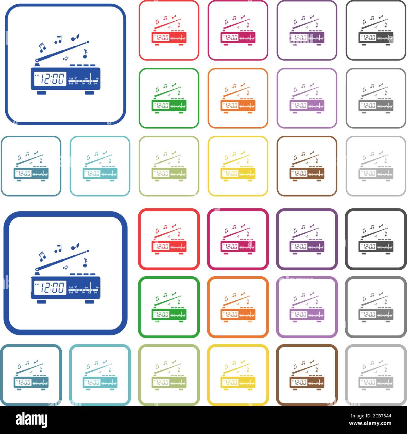 Radio-réveil vintage avec icônes plates couleur musicale dans des cadres carrés arrondis. Versions minces et épaisses incluses. Illustration de Vecteur