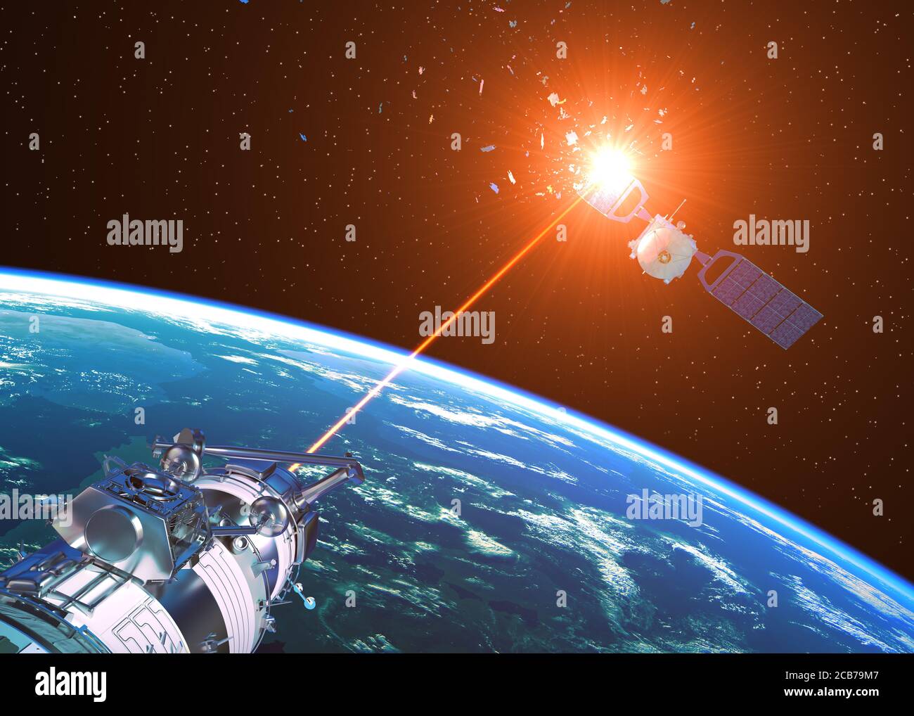 Le canon laser incapacite le satellite ennemi. Illustration 3D. Banque D'Images