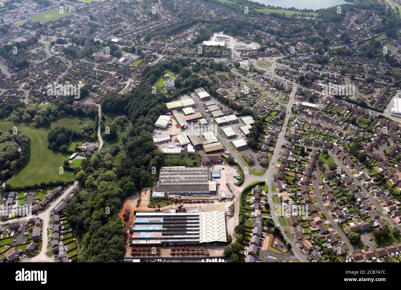 Vue aérienne au sud de Greenfield Farm Industrial Estate, et une partie de Radnor Park Industrial Estate, Congleton, Cheshire Banque D'Images