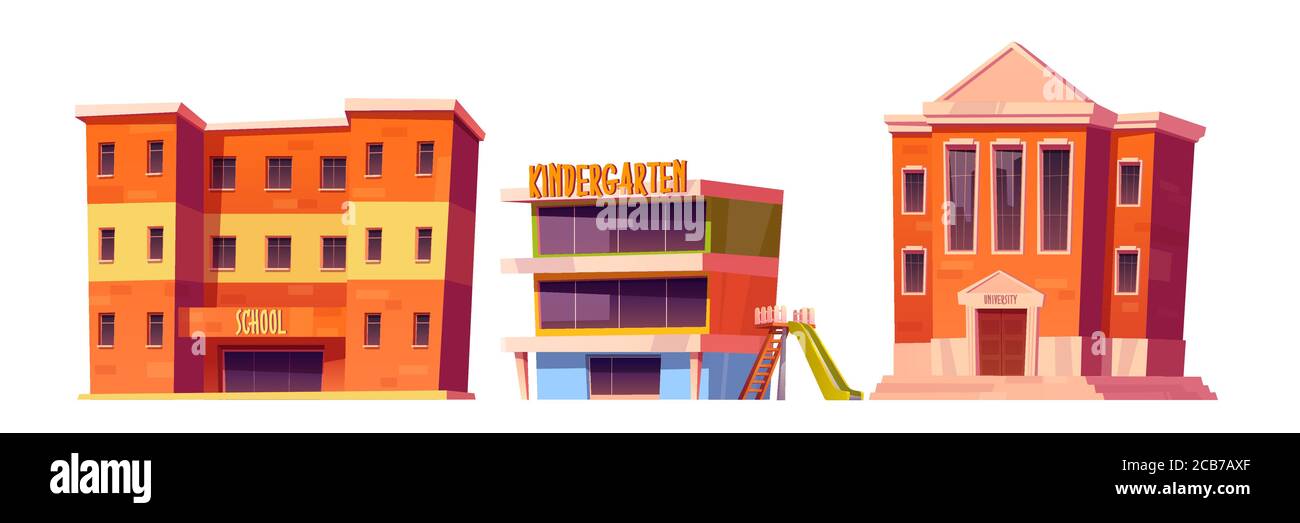 Établissements d'enseignement jardin d'enfants, écoles et bâtiments universitaires façade vue de face. Établissement urbain moderne pour étudier, architecture isolée sur fond blanc. Illustration vectorielle de dessin animé Illustration de Vecteur