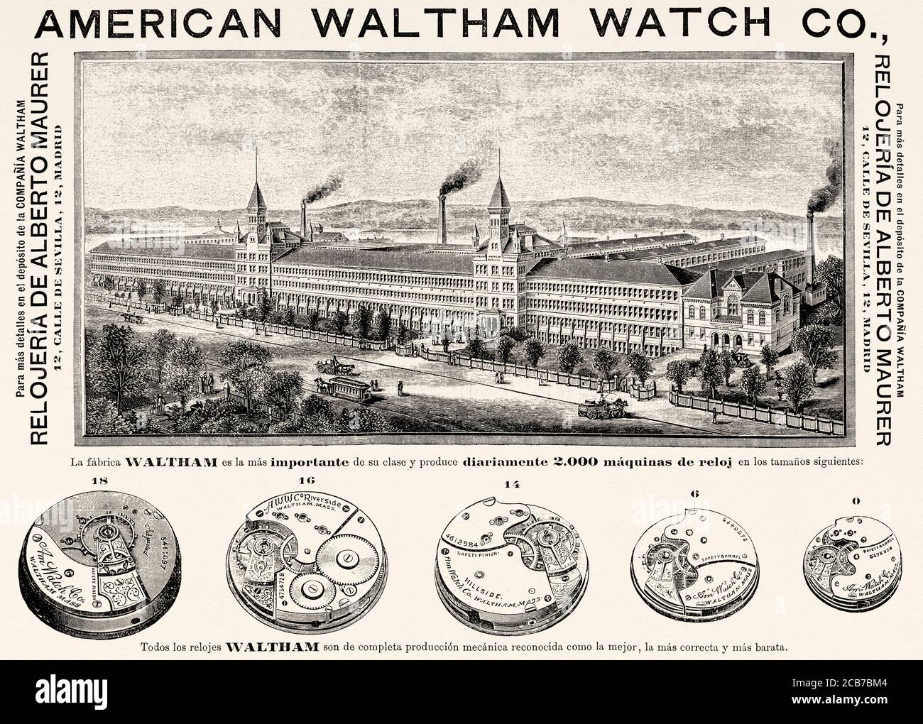 L'usine américaine de Waltham Watch Company, Waltham Massachusetts, États-Unis d'Amérique. Illustration gravée de la Ilustracion Española y Americana datant du XIXe siècle 1894 Banque D'Images