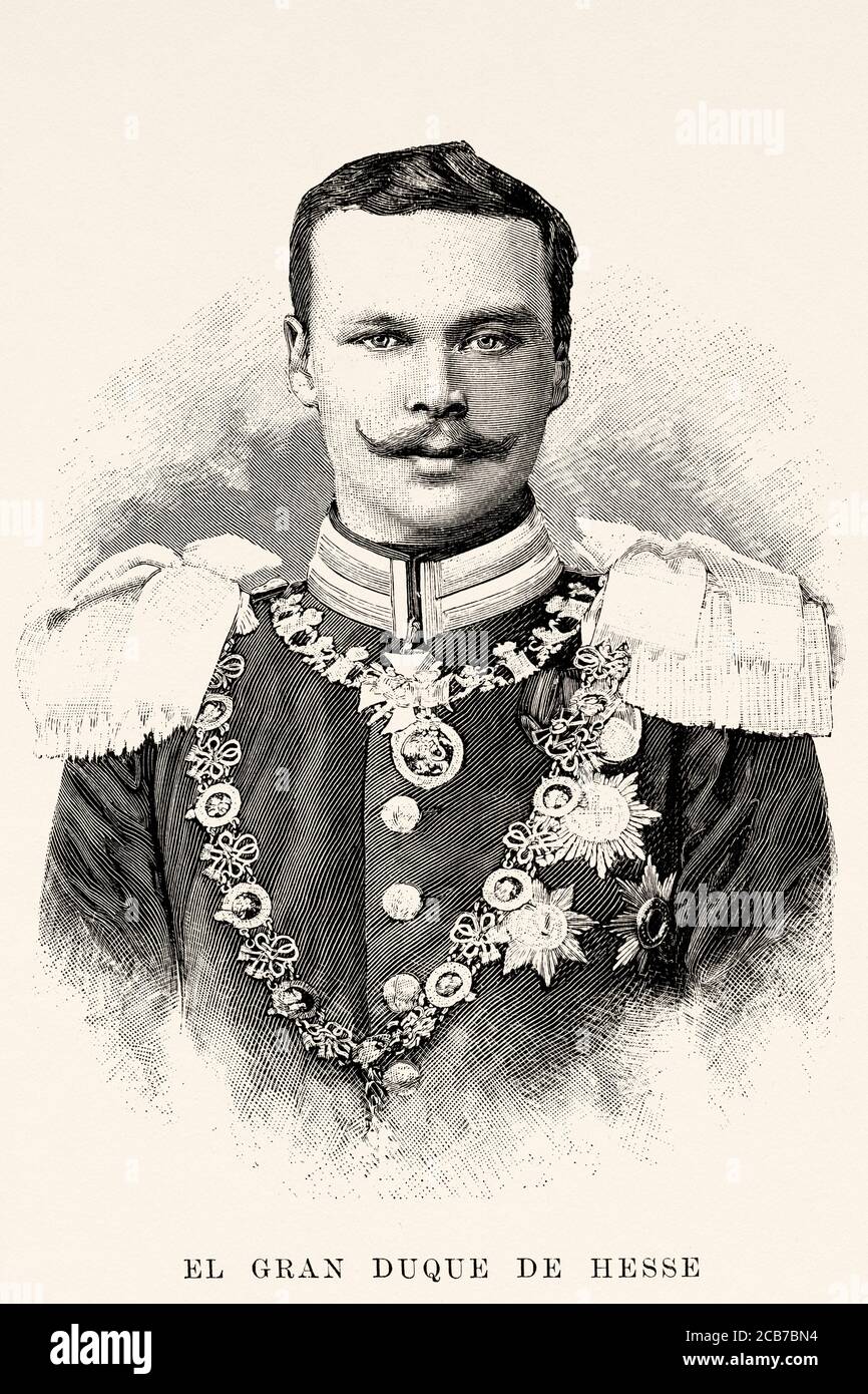 Portrait d'Ernest Louis Charles Albert William (1868-1937) dernier grand-duc de Hesse et par Rhin, petit-fils de la reine Victoria, pendant la première Guerre mondiale, il a servi dans l'armée allemande. Allemagne, Europe. Illustration gravée de la Ilustracion Española y Americana datant du XIXe siècle 1894 Banque D'Images