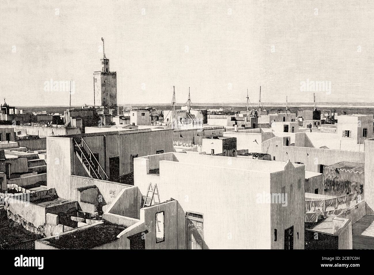 Vue panoramique générale de la ville marocaine de Mazagan au XIXe siècle, Maroc. Illustration gravée de la Ilustracion Española y Americana datant du XIXe siècle 1894 Banque D'Images