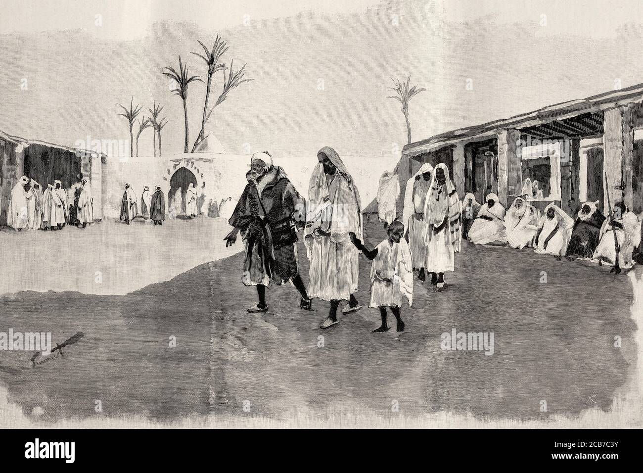 Le marché des esclaves à Marrakech, au Maroc. Illustration gravée de la Ilustracion Española y Americana datant du XIXe siècle 1894 Banque D'Images