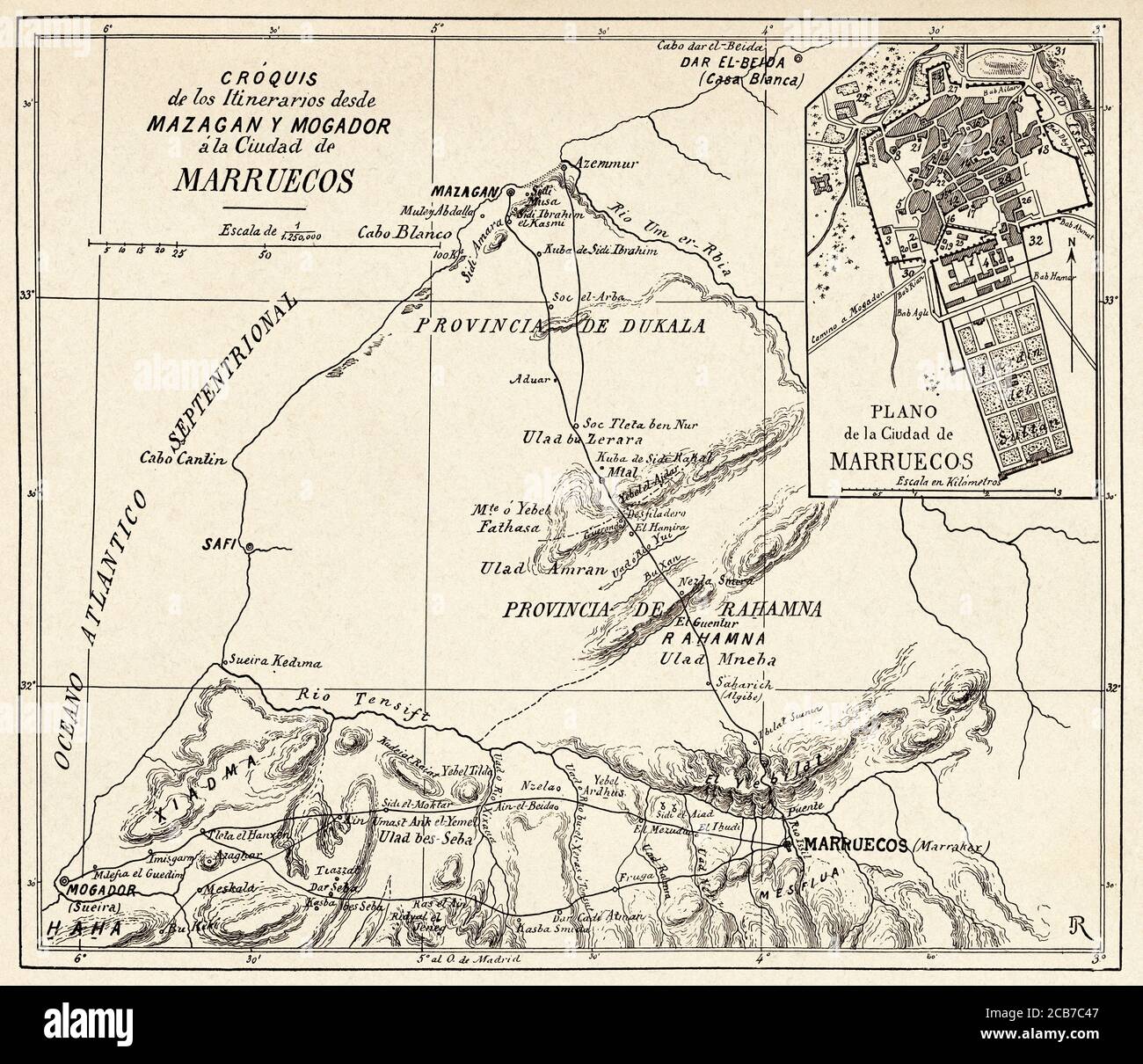 Carte du XIXe siècle du royaume du Maroc routes de Mazagan et Mogador à Marracheh. Afrique. Illustration gravée de la Ilustracion Española y Americana datant du XIXe siècle 1894 Banque D'Images