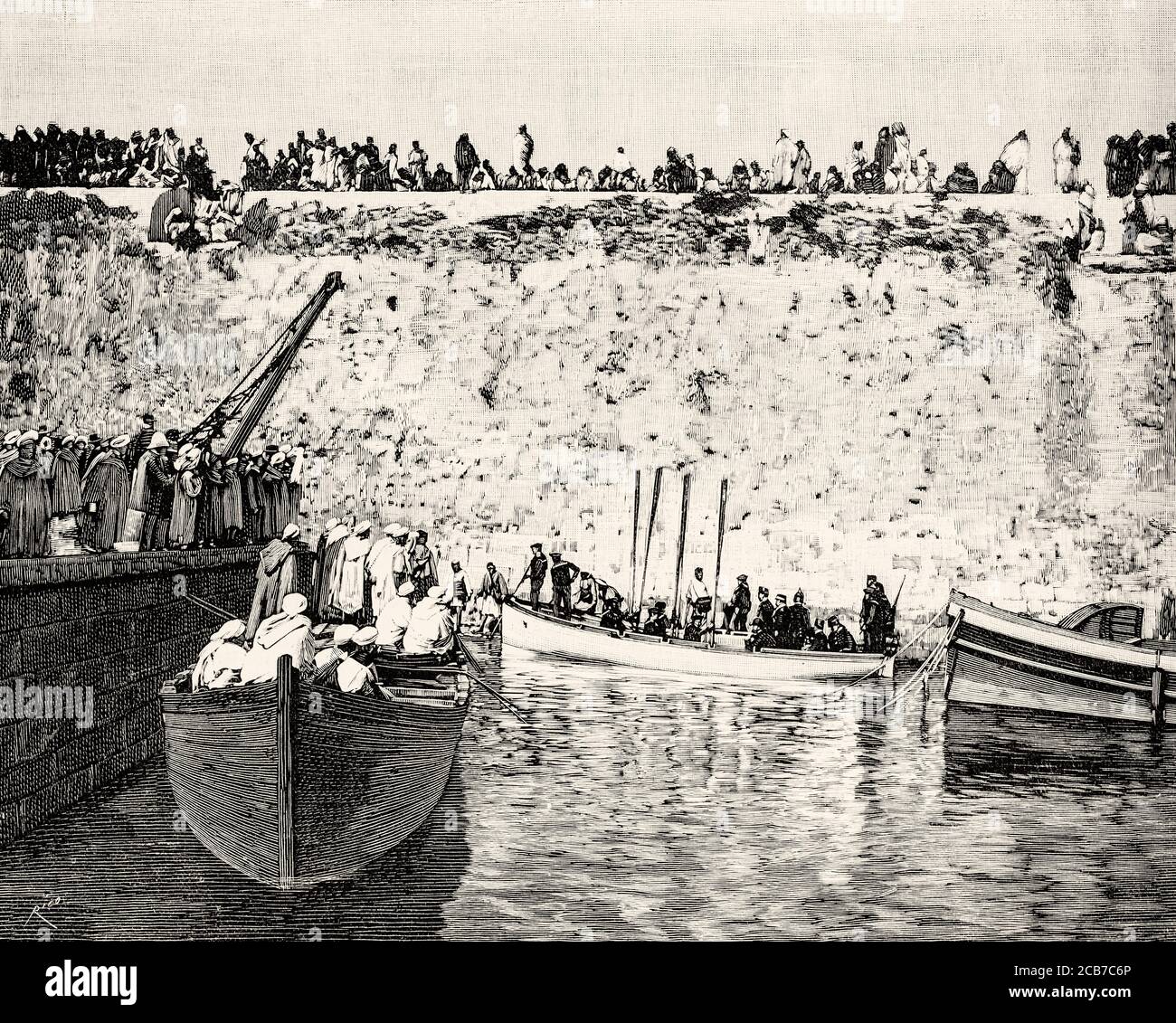 Jetée du port de Mazagan, Maroc. Illustration gravée de la Ilustracion Española y Americana datant du XIXe siècle 1894 Banque D'Images