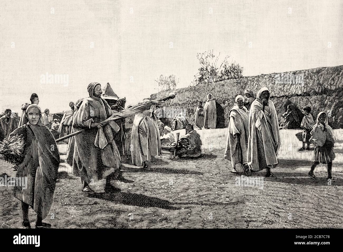 Les confréries religieuses musulmanes collectent des dons dans les rues, au Maroc. Illustration gravée de la Ilustracion Española y Americana datant du XIXe siècle 1894 Banque D'Images