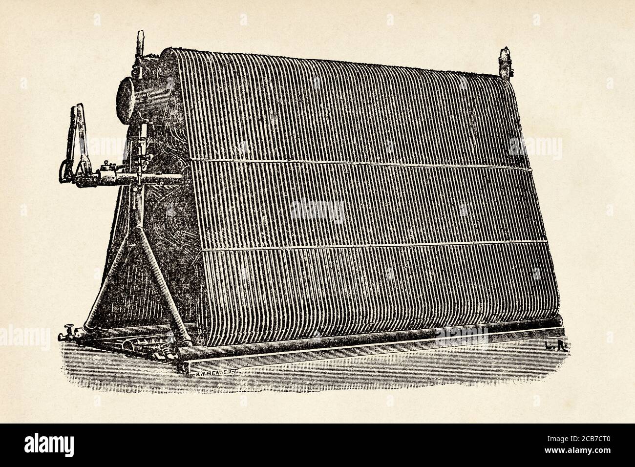La chaudière à tube d'eau de Hiram Maxim de sa machine volante. Hiram Maxim (1840-1916) inventeur britannique. Angleterre. Illustration gravée de la Ilustracion Española y Americana datant du XIXe siècle 1894 Banque D'Images