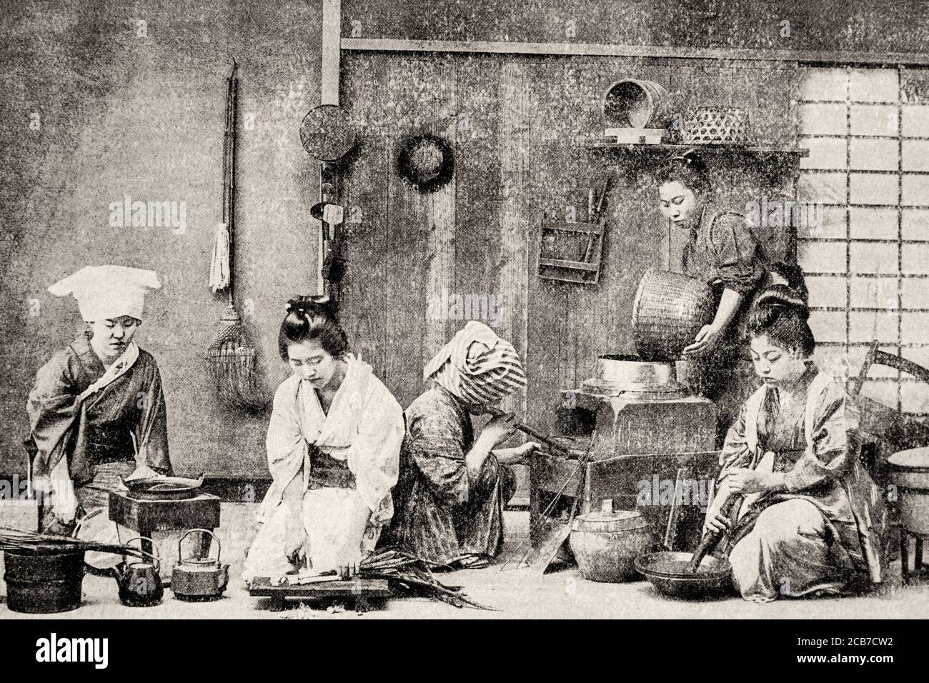 Ancienne photographie. Coutumes et traditions japonaises, vie quotidienne dans une cuisine, Tokyo. Japon. Illustration gravée de la Ilustracion Española y Americana datant du XIXe siècle 1894 Banque D'Images