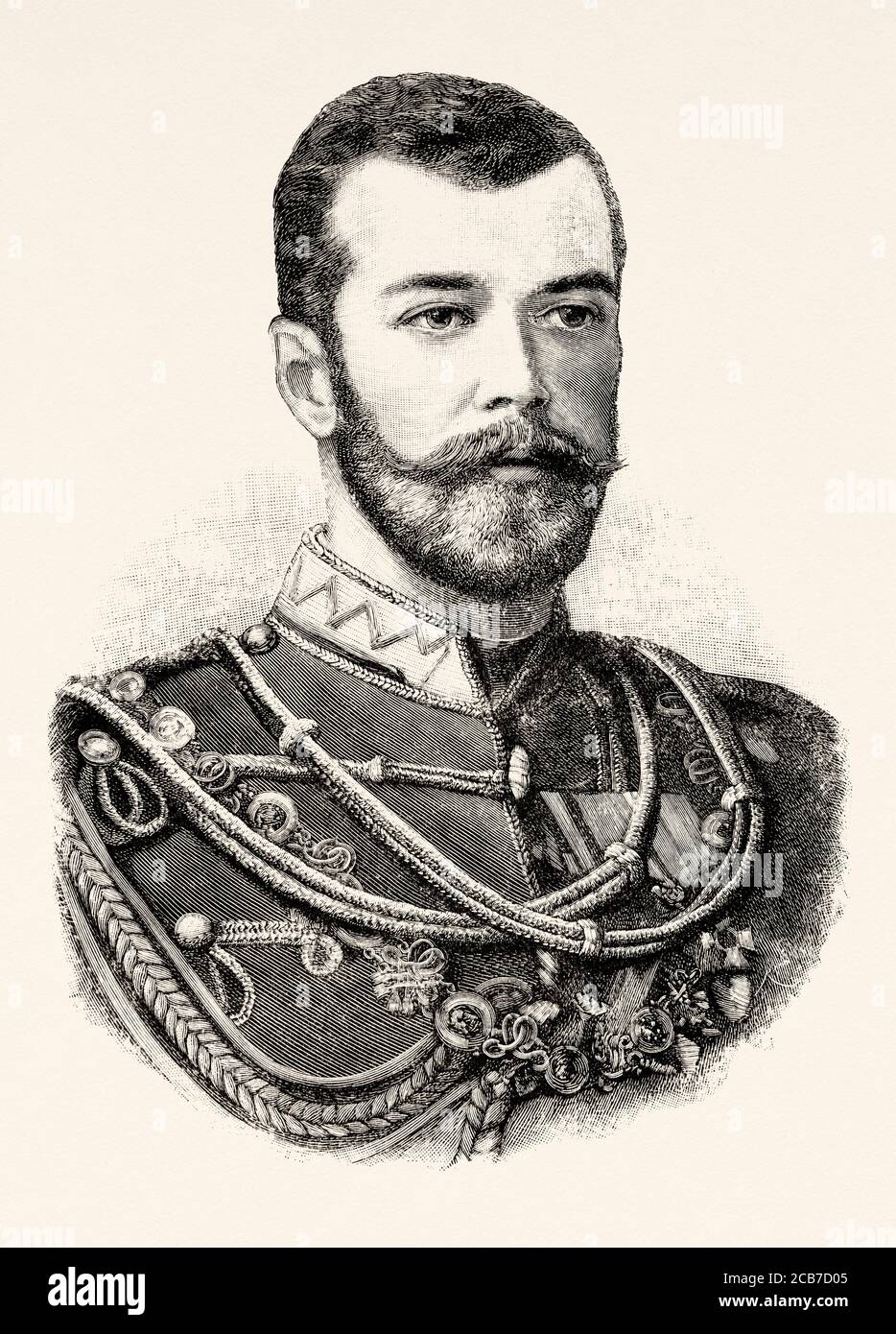 Portrait du tsar Nicholas II de Russie. Nikolai II Alexandrovitch Romanov (1868-1918) le dernier empereur de toute la Russie, régnant du 1er novembre 1894 au 15 mars 1917. Illustration gravée de la Ilustracion Española y Americana datant du XIXe siècle 1894 Banque D'Images