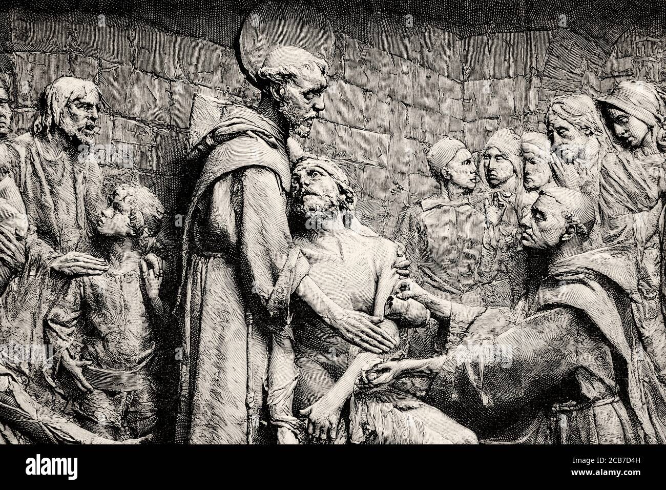 Saint François d'Assise (1181-1226) curatif des lépreux. Italien catholique friar, diacre et prédicateur, Italie. Illustration gravée de la Ilustracion Española y Americana datant du XIXe siècle 1894 Banque D'Images