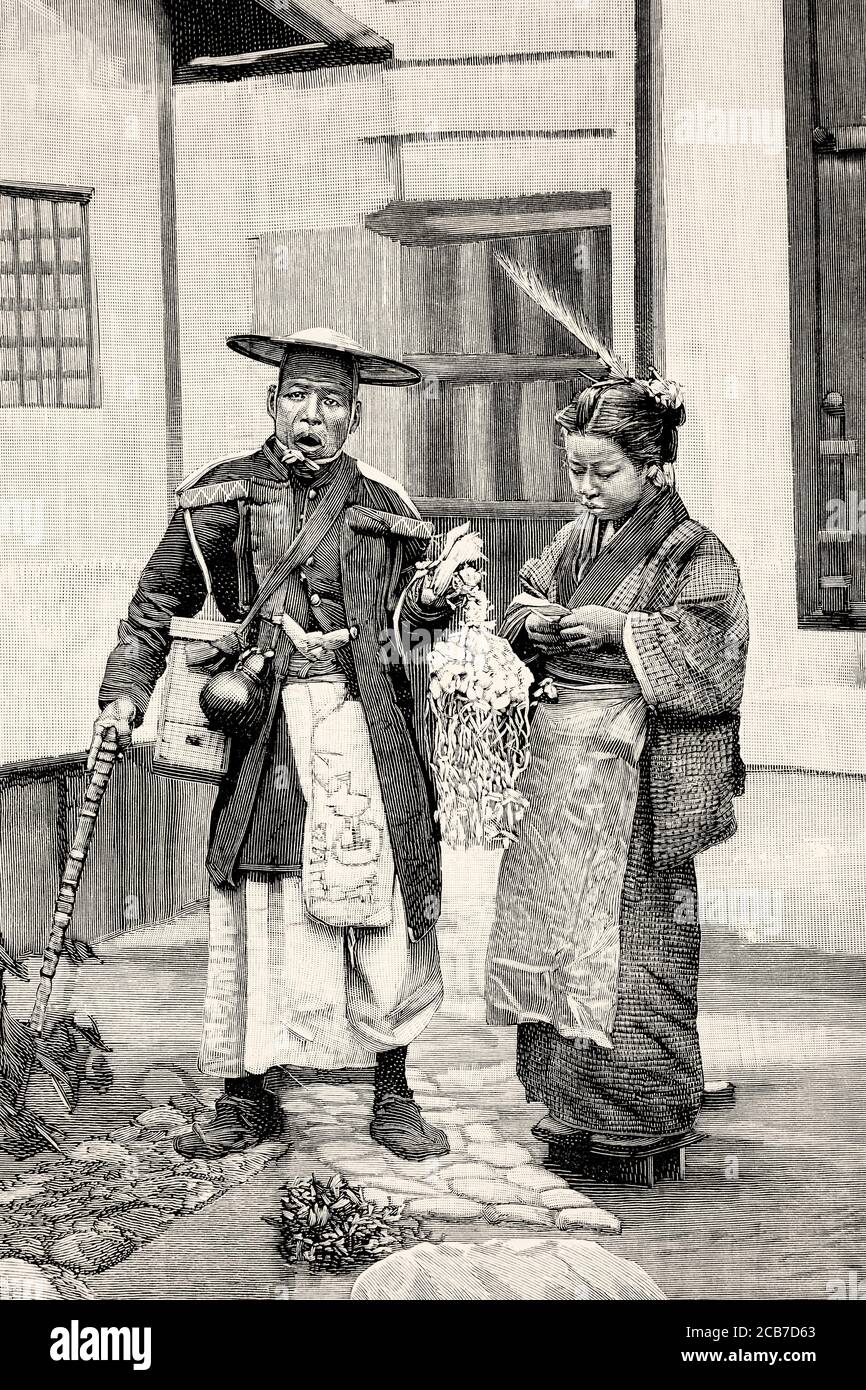 Personnages, coutumes et traditions du japonais, vendeur de rue. Japon. Illustration gravée de la Ilustracion Española y Americana datant du XIXe siècle 1894 Banque D'Images
