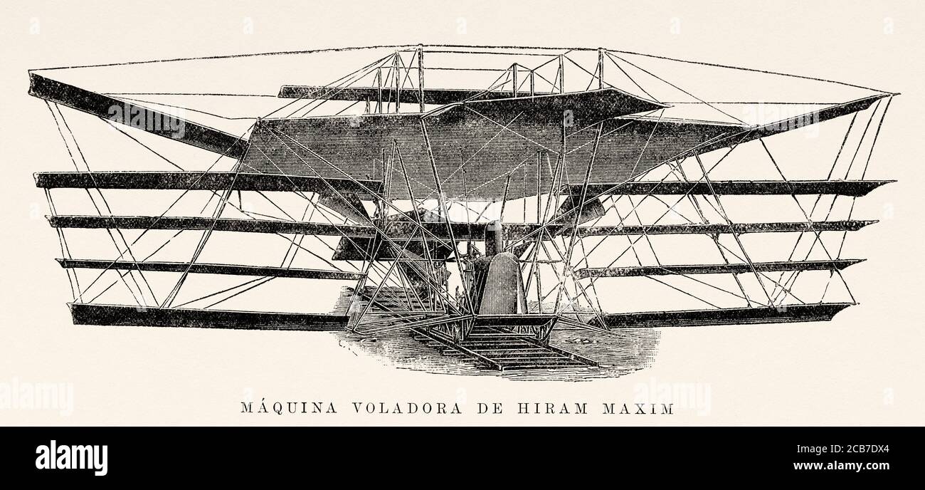 Flying machine par Sir Hiram Maxim (1840-1916) inventeur britannique. Angleterre. Illustration gravée de la Ilustracion Española y Americana datant du XIXe siècle 1894 Banque D'Images