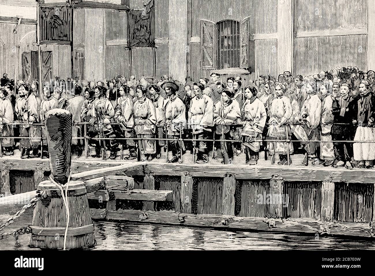 Première guerre sino-japonaise. Embarquement de soldats de l'armée chinoise dans le port de Shanghai, en Chine. Illustration gravée de la Ilustracion Española y Americana datant du XIXe siècle 1894 Banque D'Images