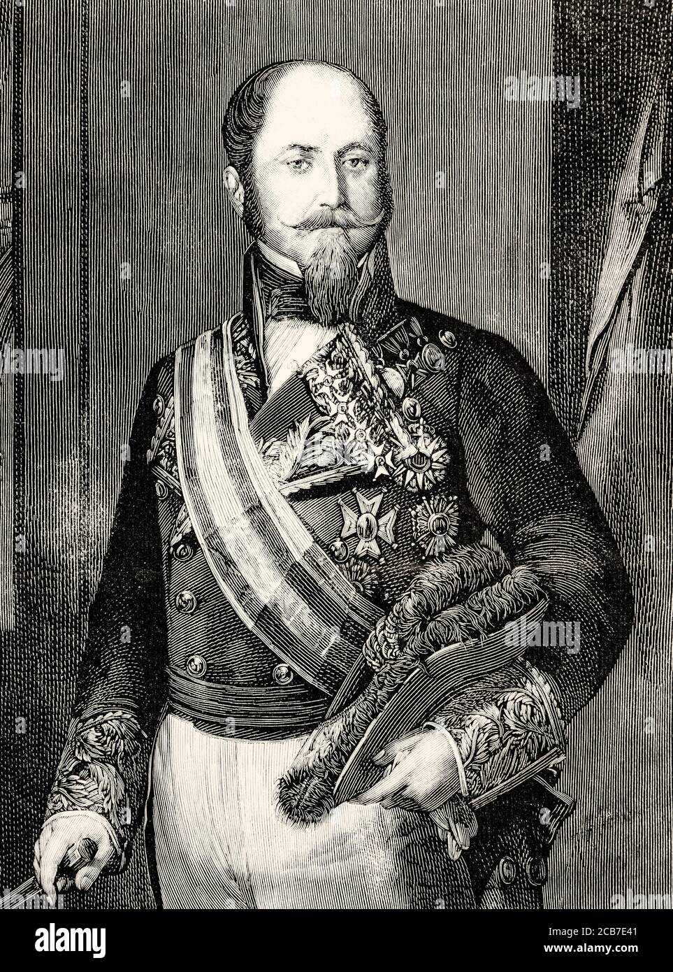 Portrait de Ricardo Shelly Comenford (1811 - 1855) lieutenant général fondateur de l'école de cavalerie de Valladolid en 1852. Illustration gravée de la Ilustracion Española y Americana datant du XIXe siècle 1894 Banque D'Images