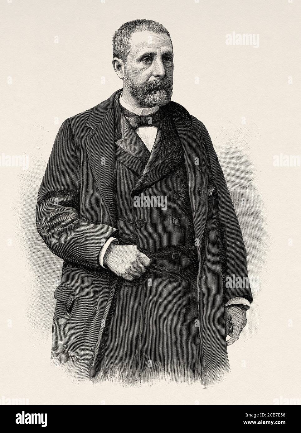 Portrait de Gaspar Núñez de Arce (Valladolid 1832 - Madrid 1903) poète et politicien espagnol qui a évolué du romantisme au réalisme littéraire, gouverneur de Barcelone, député de Valladolid en 1865 et ministre de l'outre-mer, de l'intérieur et de l'éducation avec le Parti libéral de Sagasta. Académique de la RAE en 1874. Espagne. Illustration gravée de la Ilustracion Española y Americana datant du XIXe siècle 1894 Banque D'Images