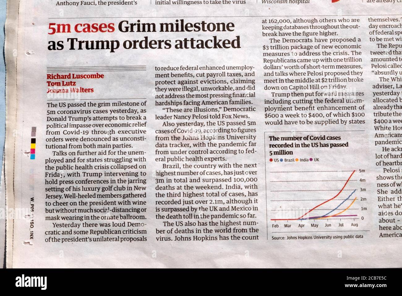 « 5m représente une étape décisive alors que les ordres de Trump attaquent » le coronavirus Guardian Article principal du journal et graphique Covid le 10 août 2020 Londres, Royaume-Uni Banque D'Images