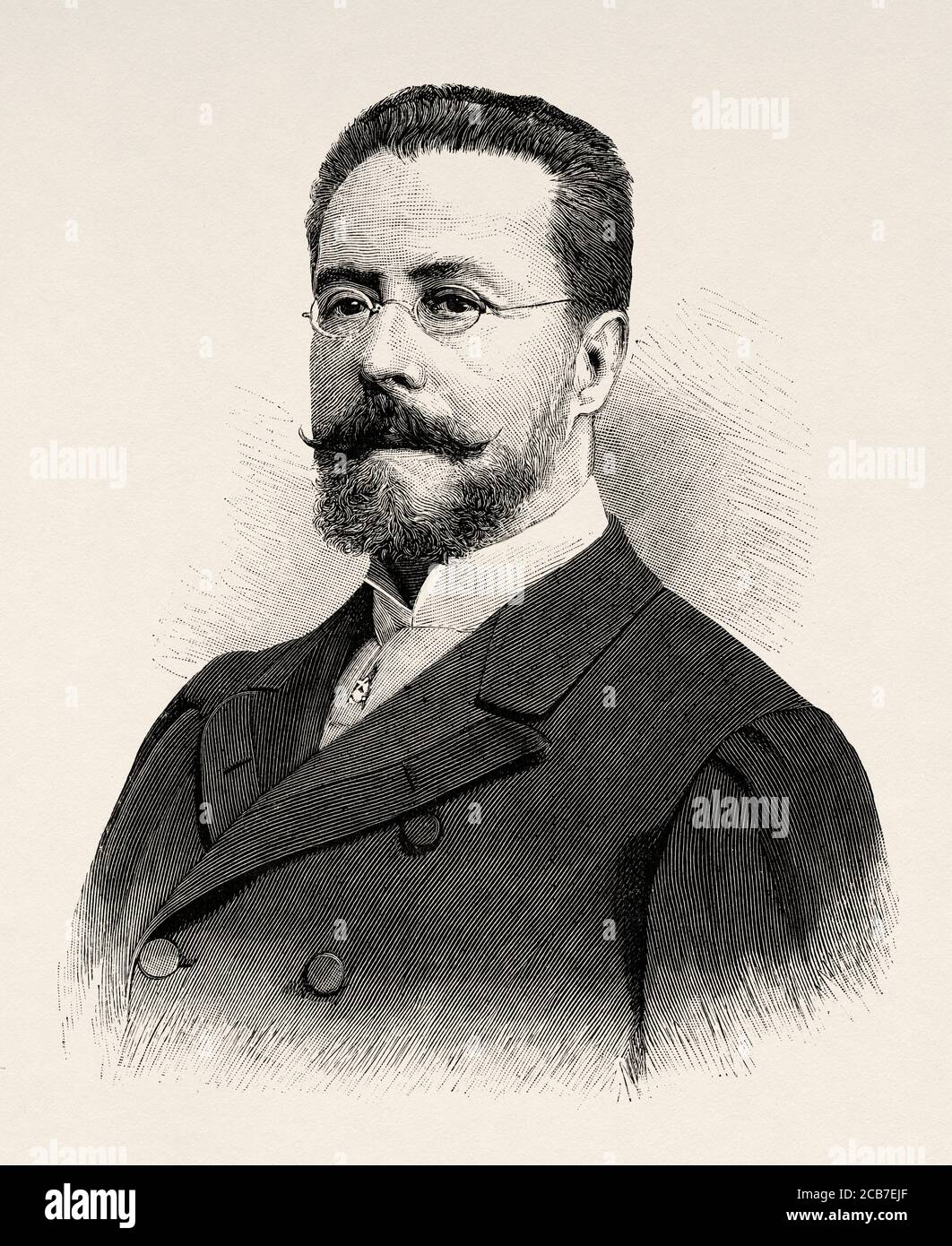 Portrait de Benigno Quiroga y López Ballesteros (Saint-Jacques-de-Compostelle 1850 - Madrid 1908) était un ingénieur et homme politique espagnol, ministre de l'intérieur sous le règne d'Alfonso XIII. Illustration gravée de la Ilustracion Española y Americana datant du XIXe siècle 1894 Banque D'Images