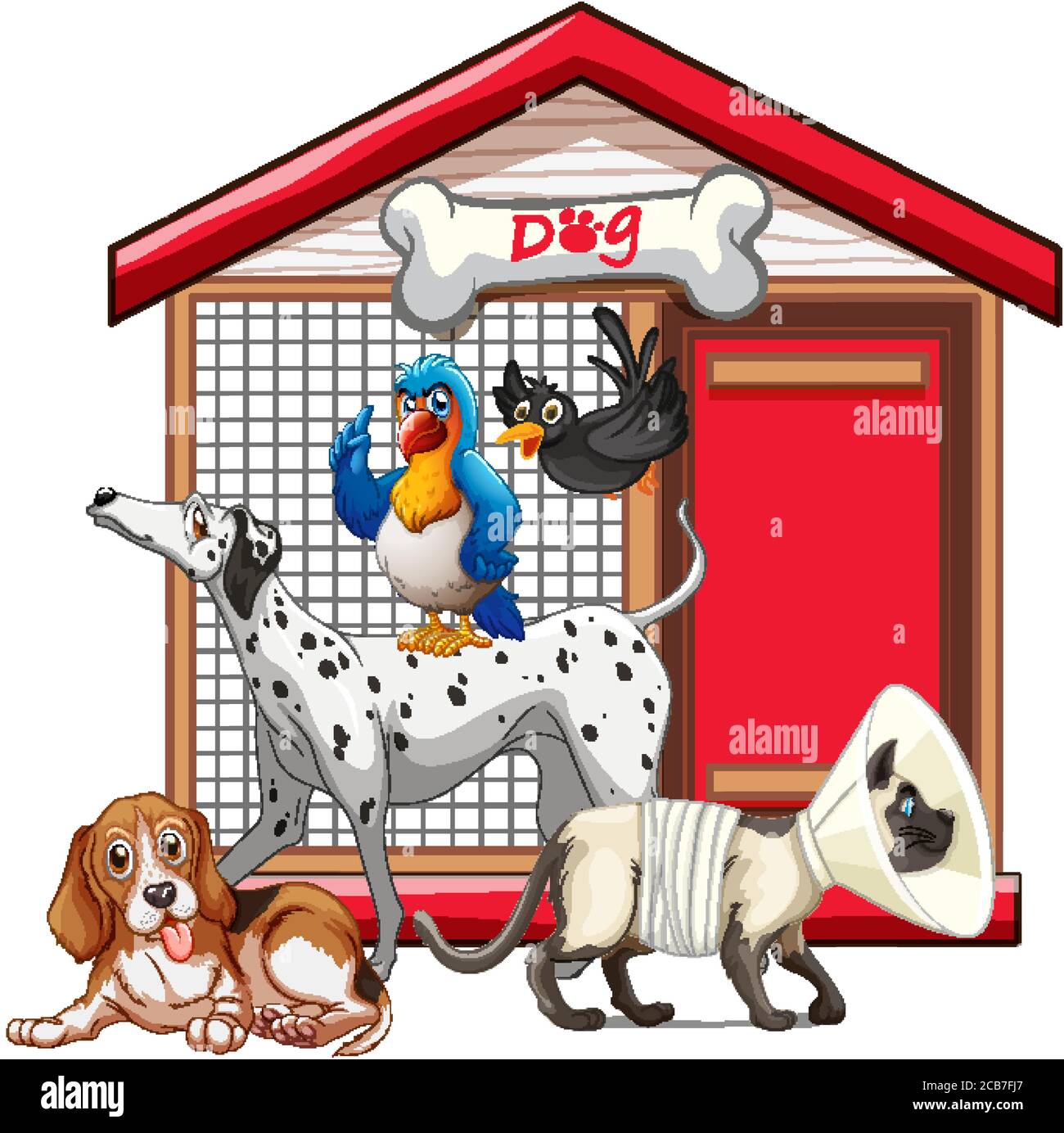 Cage pour chiens avec illustration isolée de dessin animé de groupe d'animaux Illustration de Vecteur