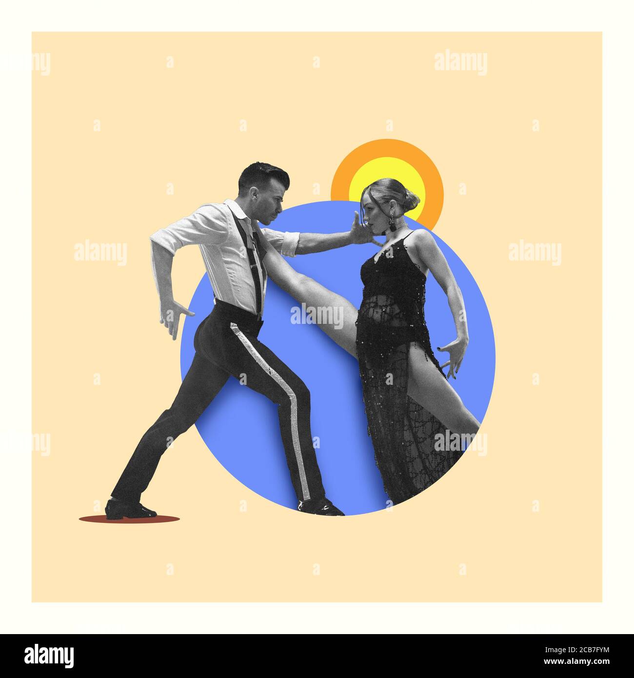 Couple passionné dansant le tango sur fond jaune-bleu. Espace négatif pour insérer votre texte. Design moderne. Collage d'art contemporain coloré et conceptuel brillant pour la publicité. Zine, style four à micro-ondes. Banque D'Images
