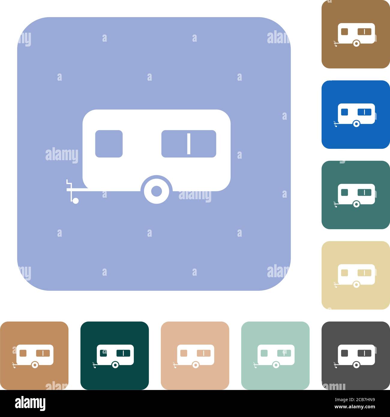 Remorque caravane icônes plates blanches sur fond carré de couleur arrondie Illustration de Vecteur