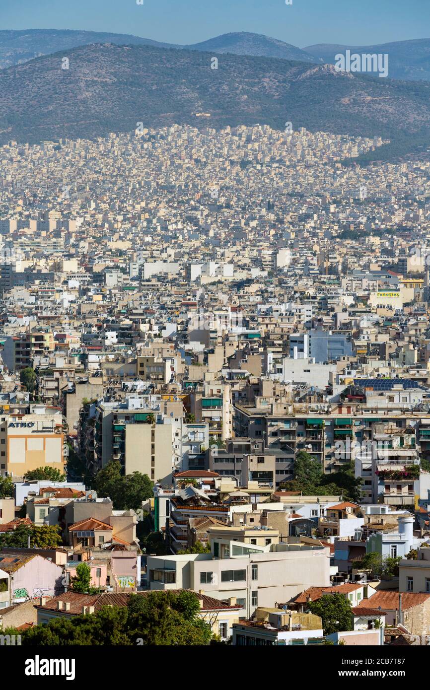 Athènes, Attique, Grèce. Vue sur Athènes depuis l'Acropole. Banque D'Images