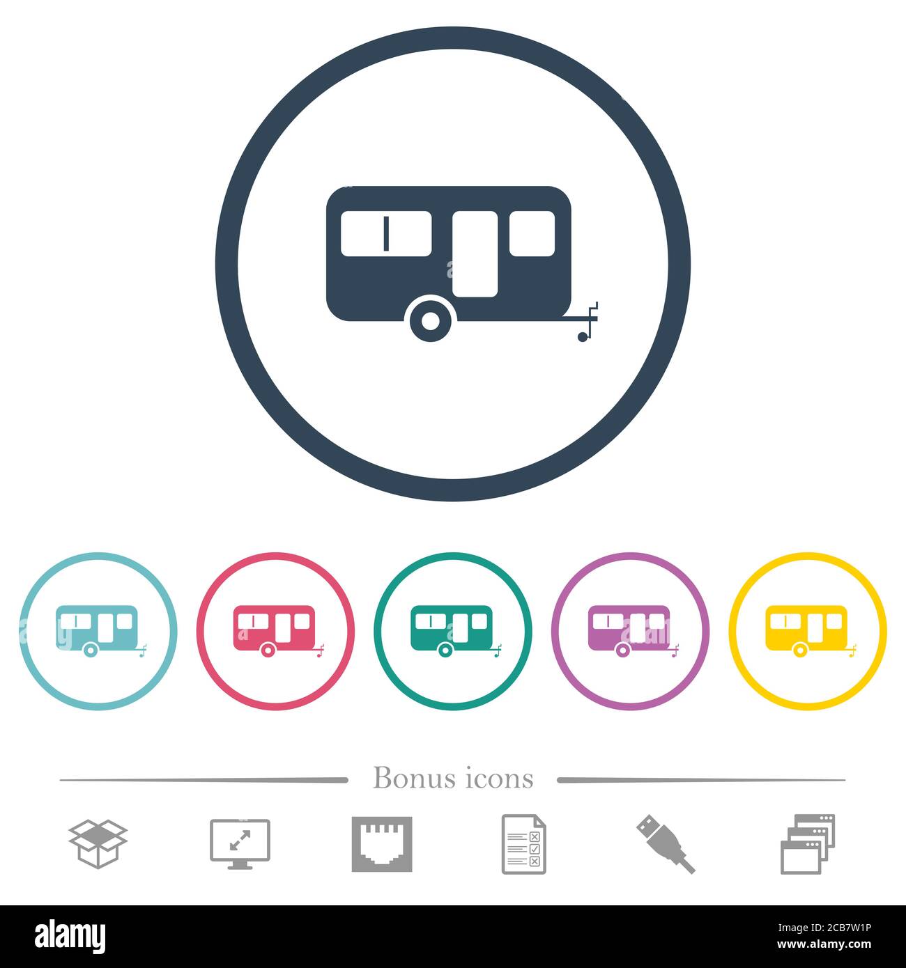 Remorque caravane icônes de couleur plate dans des contours ronds. 6 icônes bonus incluses. Illustration de Vecteur