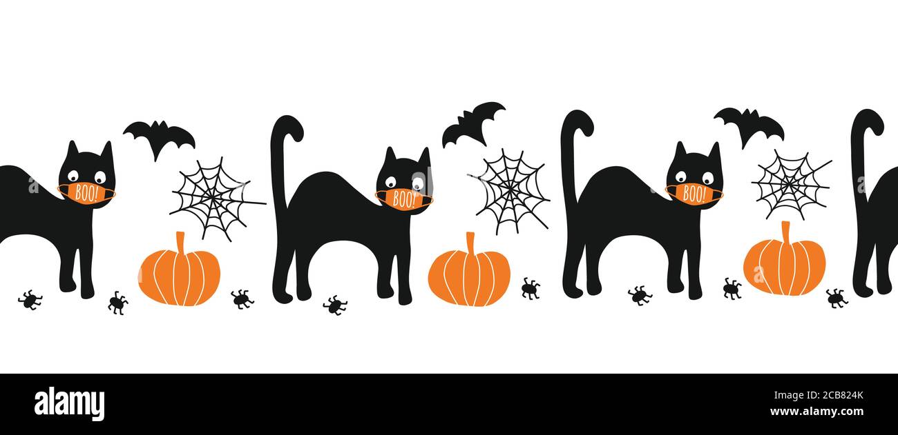 Halloween chat noir portant masque facial sans couture bordure vectorielle. Motif répétitif Coronaruvis Halloween 2020. Jolie illustration pour enfants Illustration de Vecteur