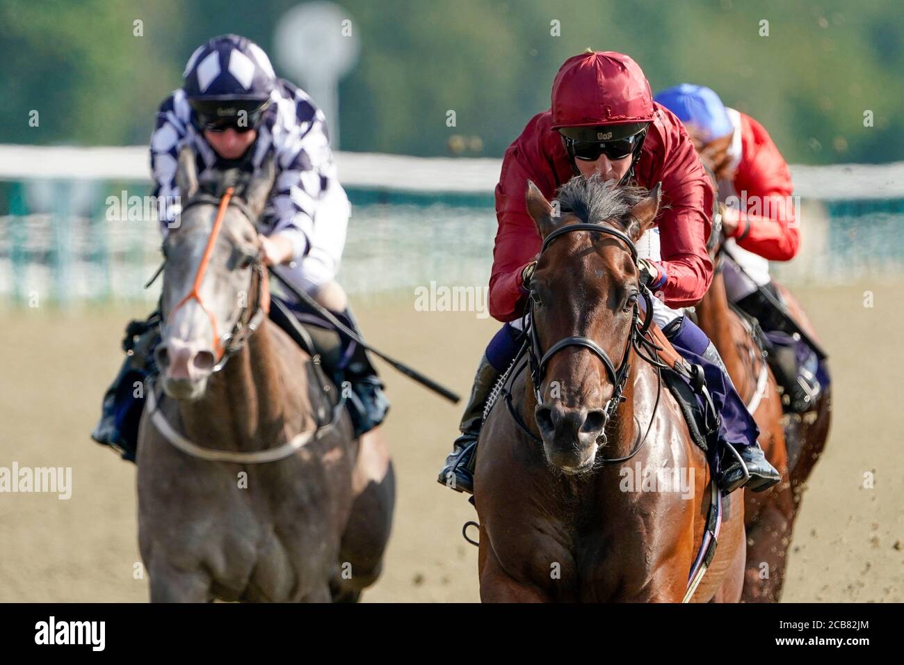 La zone de fin, criblée par Jim Crowley (à droite), remporte les piquets Betway Novice au Lingfield Park Racecourse, Surrey. Banque D'Images