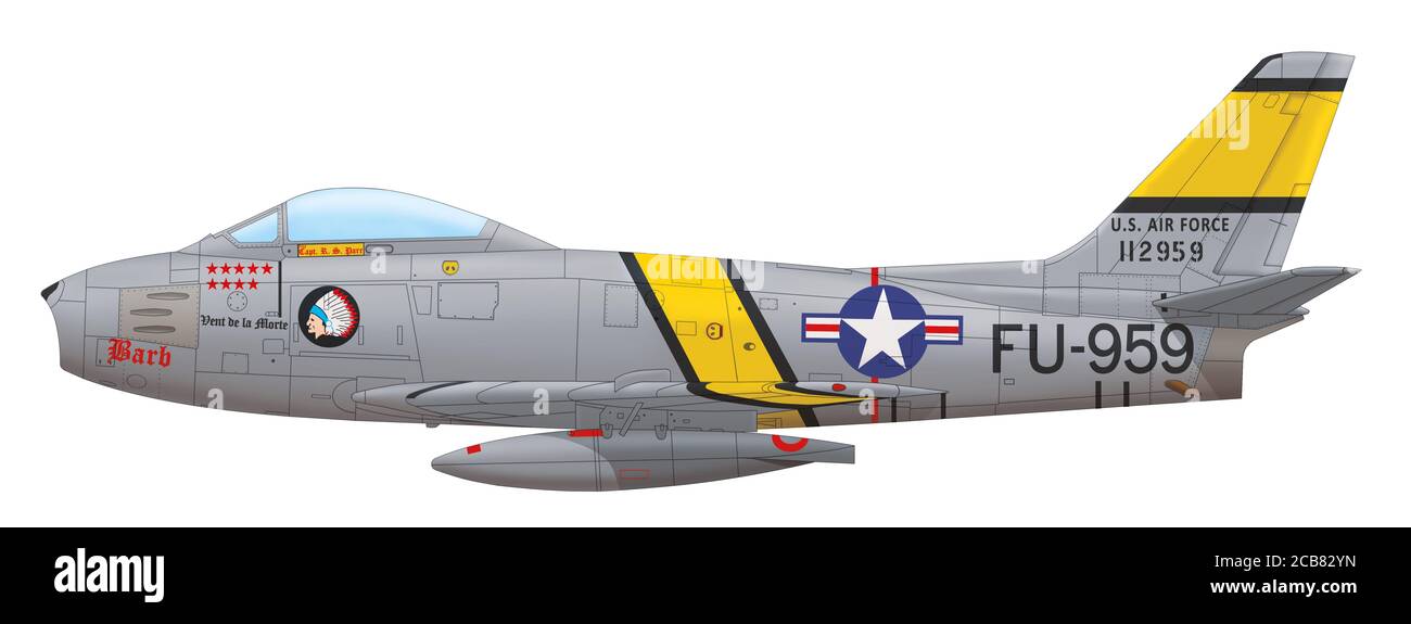 North American F-86F Sabre (51-12959, FU-959, Barb a vent de la Morte) piloté par le capitaine Ralph Parr de la 335e FIS 4th FIW 5th AF USAF, juillet 1953 Banque D'Images