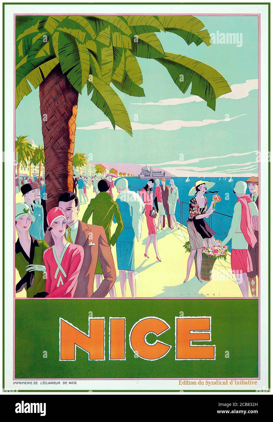 Vintage 1920's Travel Poster for élégant NICE France lithographie en couleurs, vers 1926, imprimé par l'Éclaieur de Nice, art par Alberto Fabio (Fabius) Banque D'Images