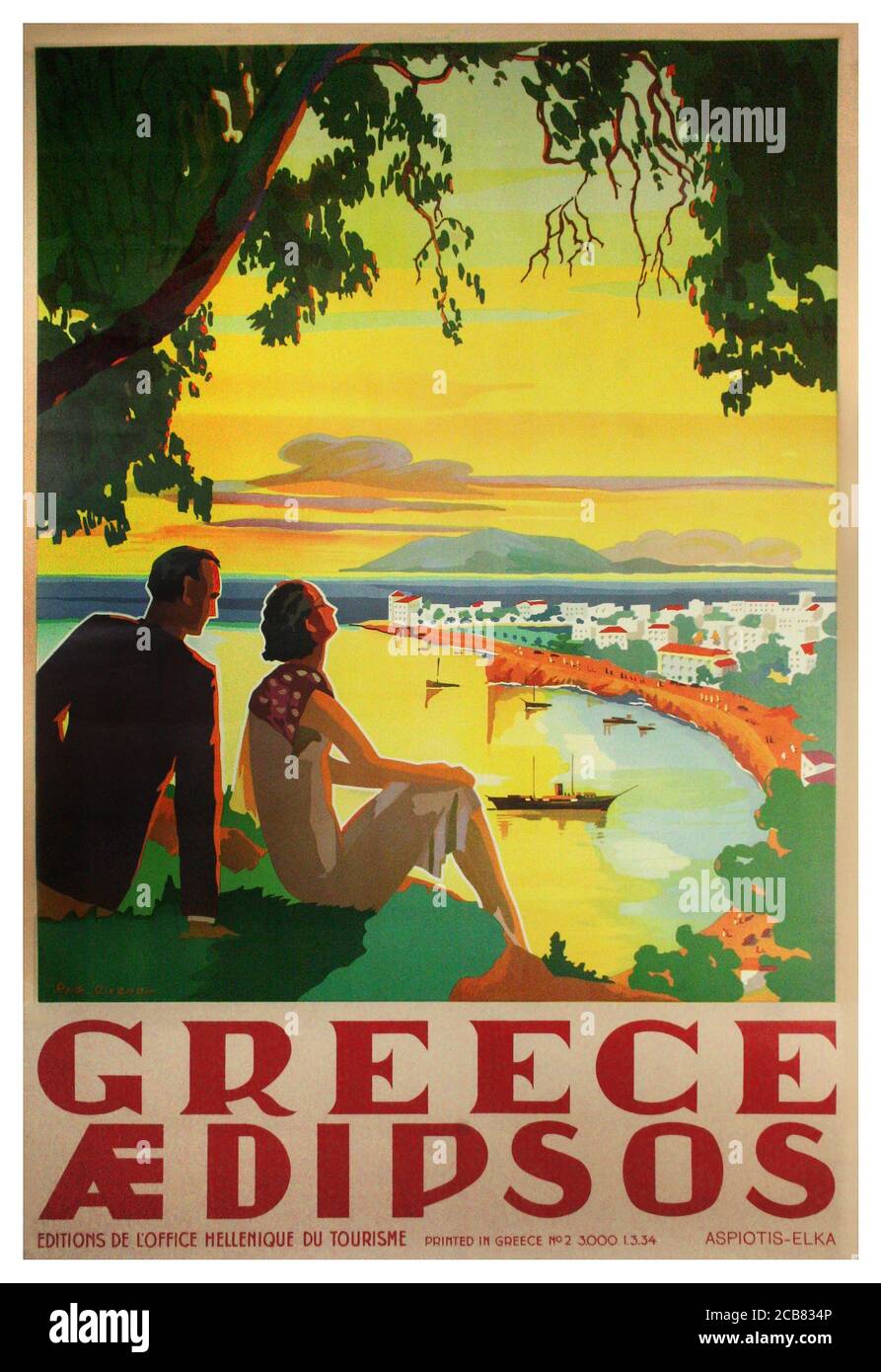 Années 1930 la Grèce antique affiche touristique grec Aedipsos Europe européenne Vintage Affiche de publicité de voyage de l'Office hellénique du tourisme Banque D'Images
