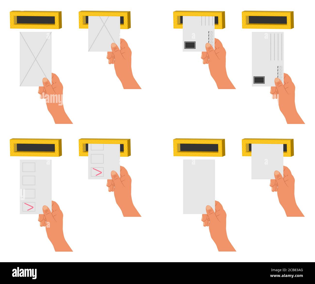 Envoyez à la main une lettre et des espaces vides dans une boîte aux lettres. Icônes de dessin animé vectoriel plates isolées sur un fond blanc. Illustration de Vecteur