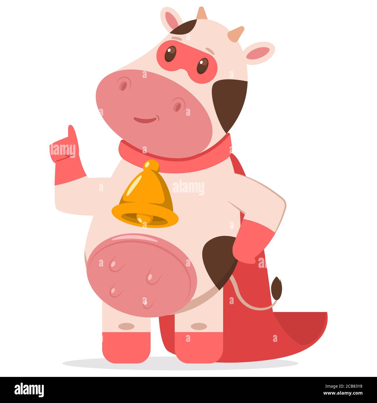 Jolie vache super-héro dans un masque rouge et une cape. Personnage animal de la ferme de dessin animé vectoriel isolé sur un fond blanc. Illustration de Vecteur