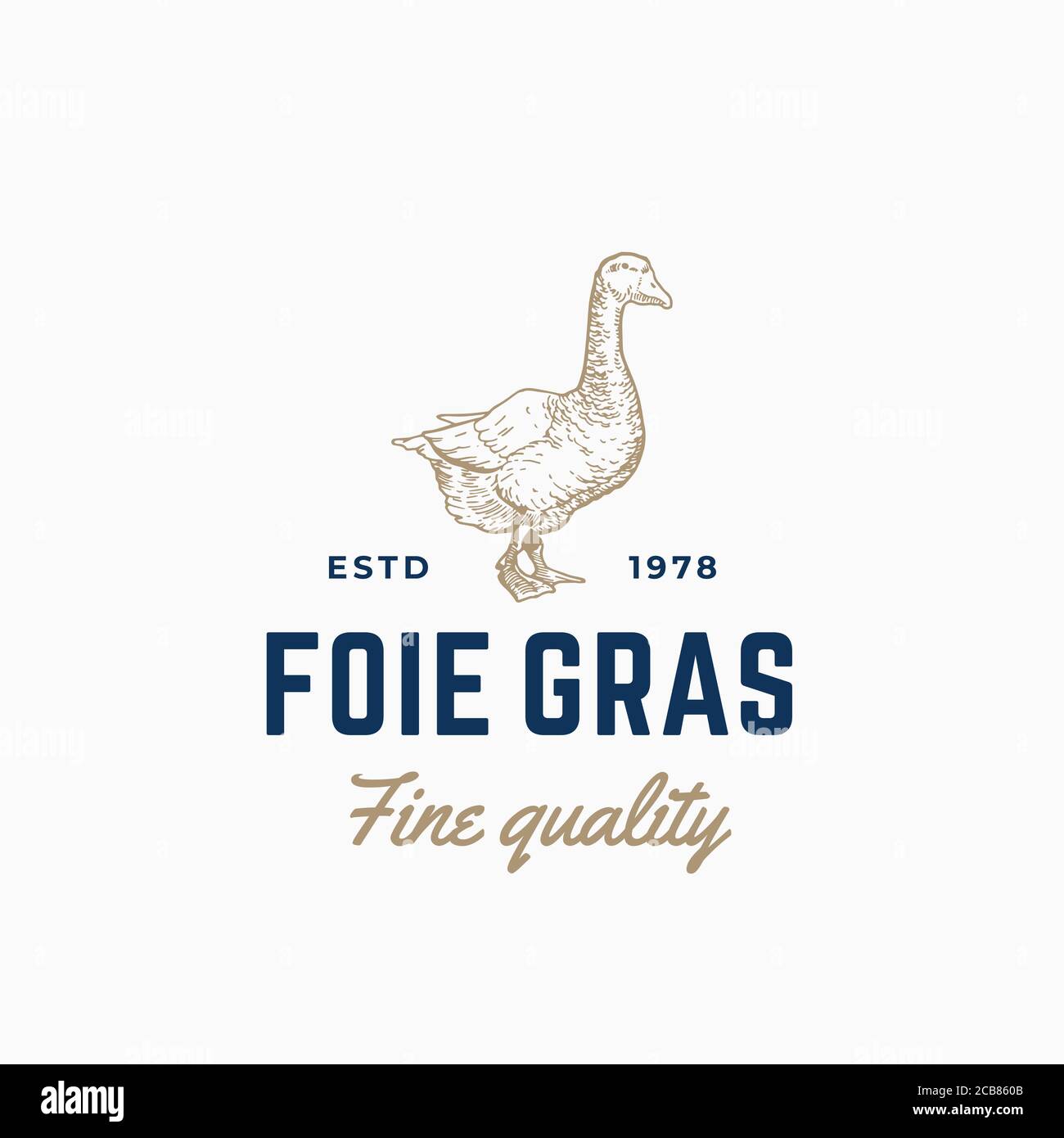 Modèle de symbole, de symbole ou de logo abstrait pour le foie gras de poule d'oie. Dessin à la main de Sillimuici avec Typographie rétro. Emblème vintage Vector. Illustration de Vecteur