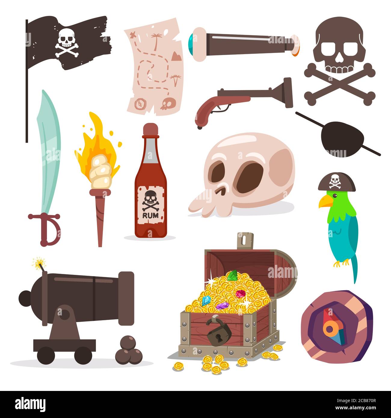 Icônes de dessin animé vecteur de jeu d'éléments de pirate isolées sur un arrière-plan blanc. Illustration de Vecteur