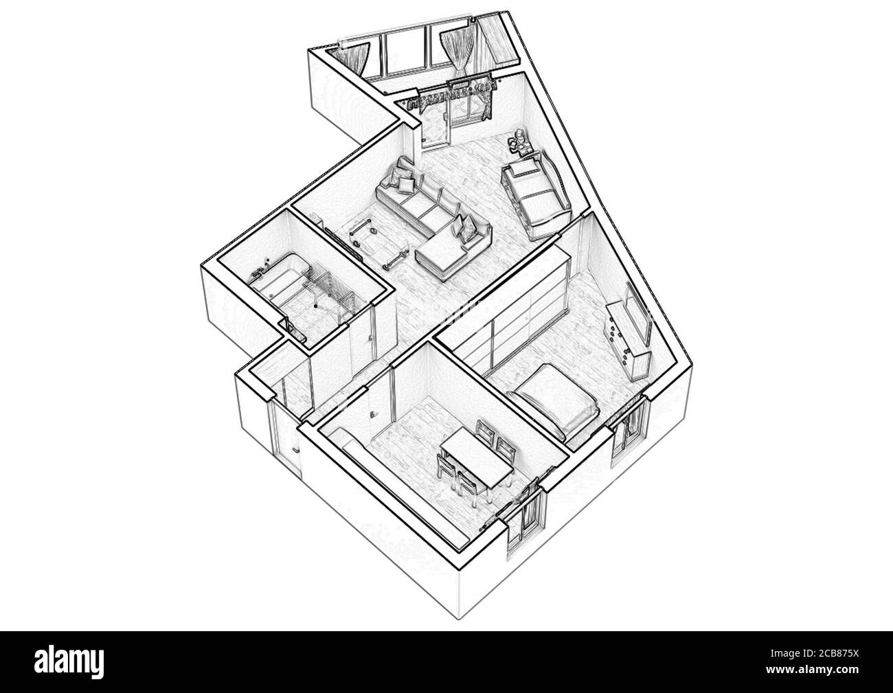 Esquisser l'illustration 3d du plan d'étage Banque D'Images