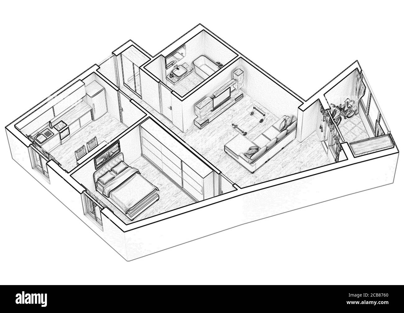 Esquisser l'illustration 3d du plan d'étage Banque D'Images