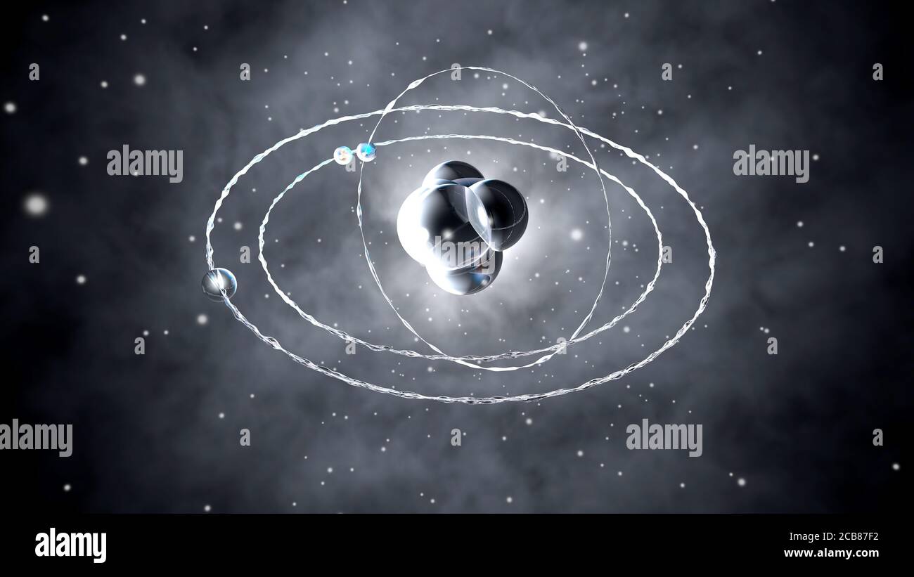 Un atome avec des électrons et des protons se déplaçant dans le microcosmos. Banque D'Images
