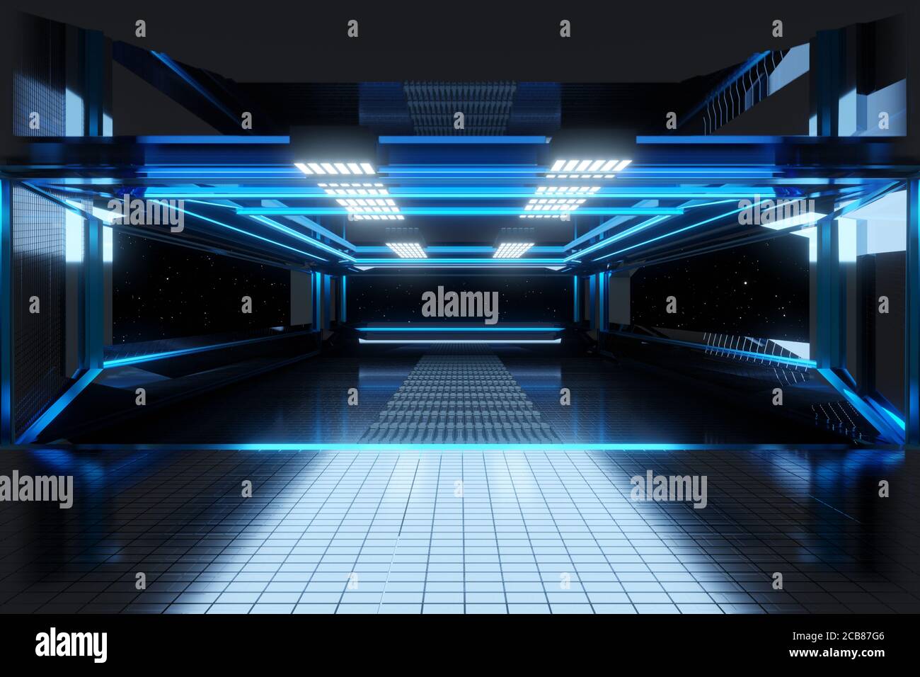 Illustration 3D d'un intérieur de navire spatial ou de station spatiale. Banque D'Images