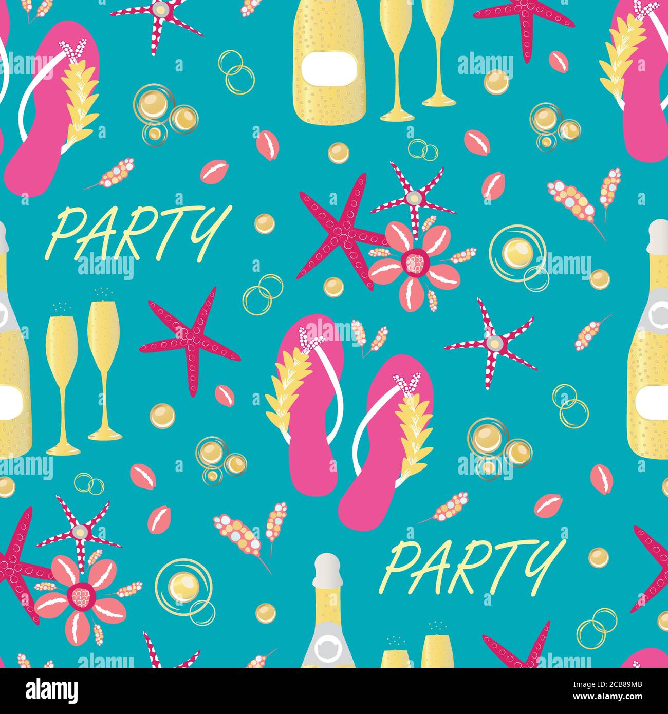 Fond de motif vectoriel transparent et festonné. Luxueux fond rose, or, bleu aqua avec texte, sandales chaussures, bouteilles de champagne, fizzing Illustration de Vecteur