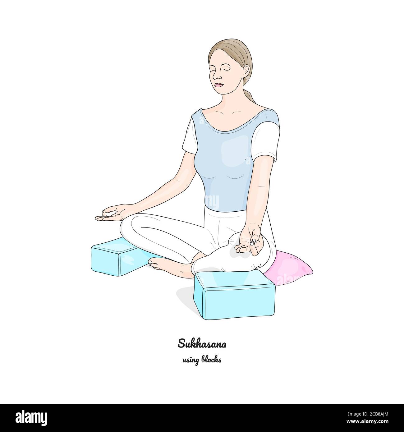 Sukhasana ou pose facile avec des blocs et un oreiller. Pratique de yoga. Vecteur. Illustration de Vecteur