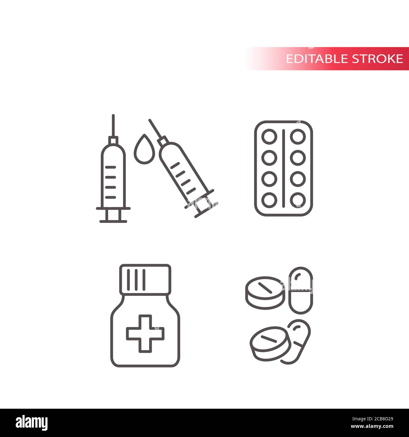 Jeu d'icônes vecteur ligne mince de médicaments médicaux. Seringue, pilules, comprimés et capsules avec un symbole de contour de flacon, contour modifiable. Illustration de Vecteur