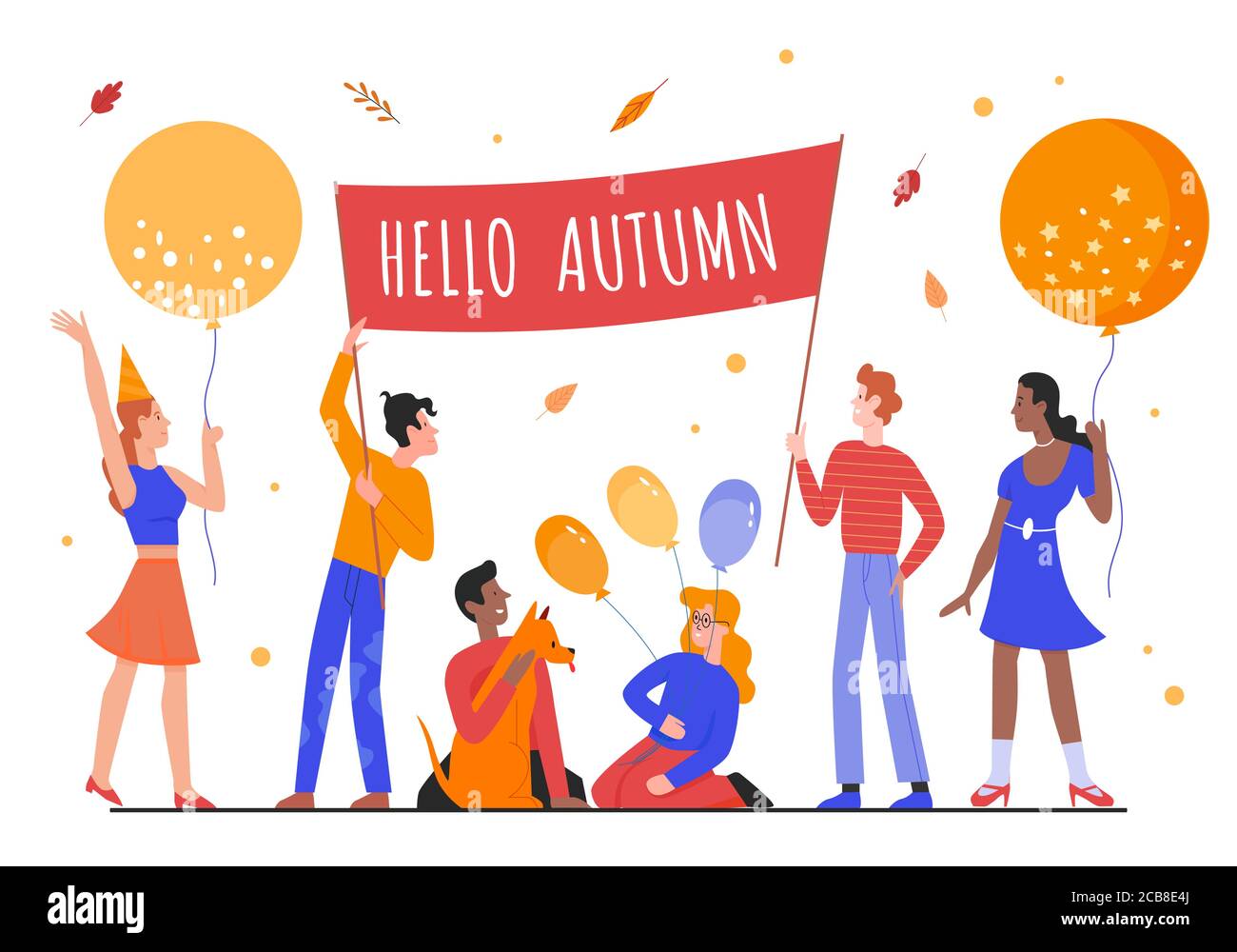 Illustration du vecteur de concept Hello Autumn. Dessin animé plat heureux personnes tenant l'affiche automnale et des ballons parmi les feuilles jaunes de saison en chute, célébrant la saison d'automne ensemble isolé sur blanc Illustration de Vecteur