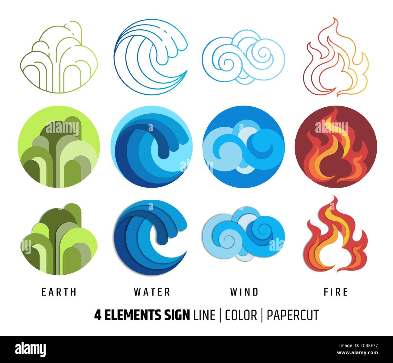 Icône à quatre éléments en dessin au trait, plat, coupe de papier. Avec la terre, l'eau, le vent, le feu signe. Illustration de Vecteur